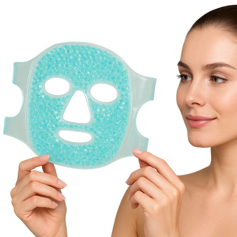 Eis-Kühlungsmaske wird in der Hand präsentiert – zeigt die Form und Struktur der Maske
